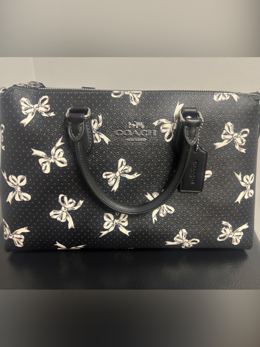 Coach Black Leather Bow-Print Satchel